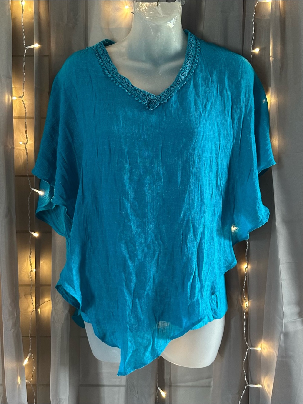 Blue apt. 9 poncho style blouse open back crochet detail Sz M